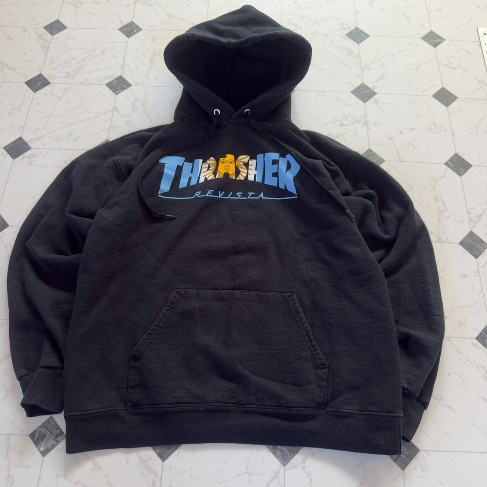 Thrasher Argentina Revista Hoodie Mens Small Black Flag Logo Skate Pullover
